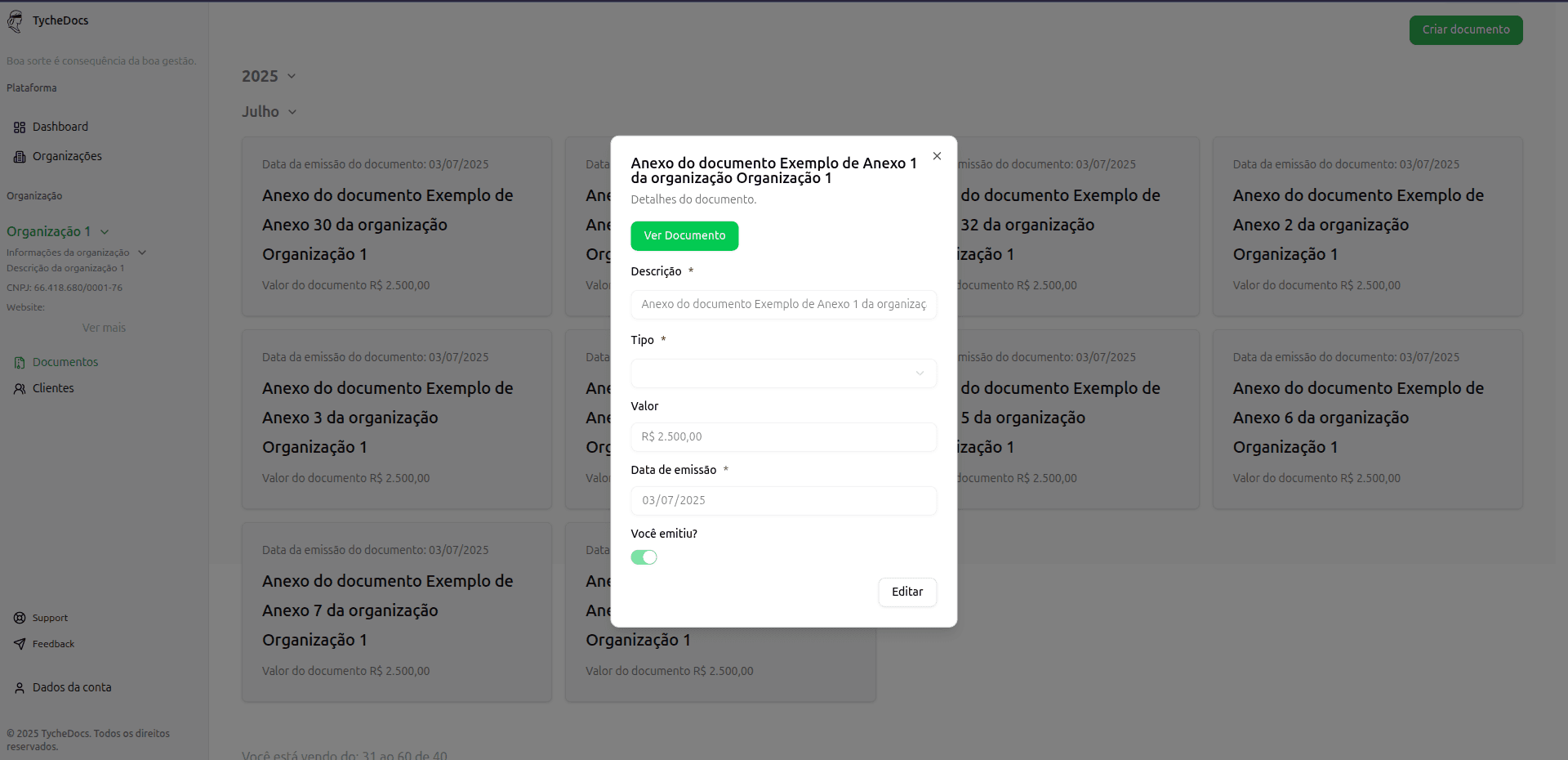 Visualize os detalhes dos seus documentos.